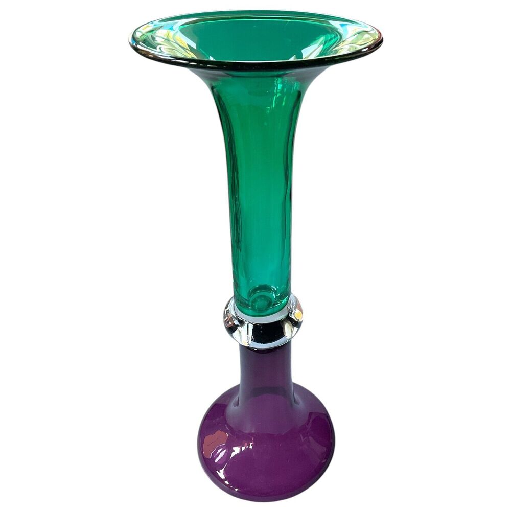 Purple Green Double Trumpet Art Glass Vase‎ Cylindrical Eclectic Contemporary